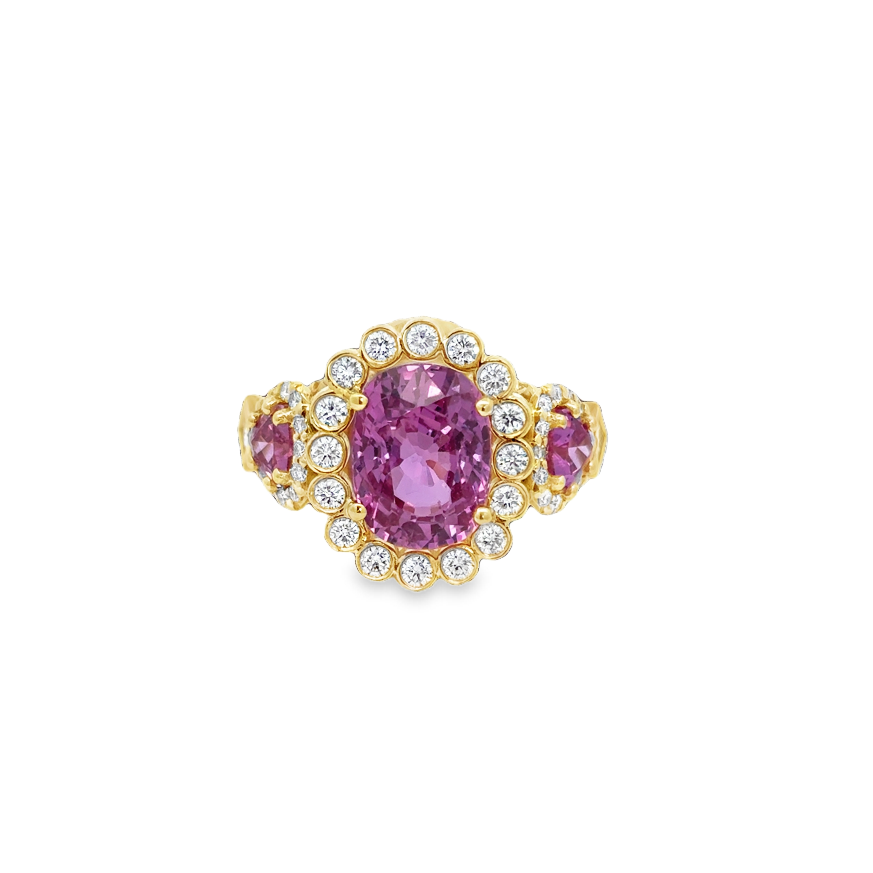 18K YG 3-Stone Pink Sapphire & Diamond Halo Ring by Erica Courtney