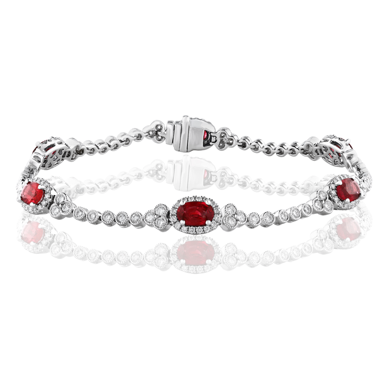 14K WG Ruby Oval & Diamond Milgrain Finish Tennis Bracelet Main image