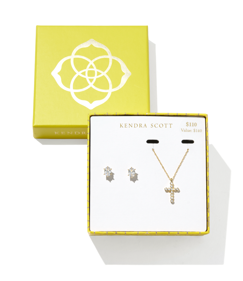 Gold Plated Cross Necklace & Cailin Crystal Earrings Gift Set In White CZ by Kendra Scott