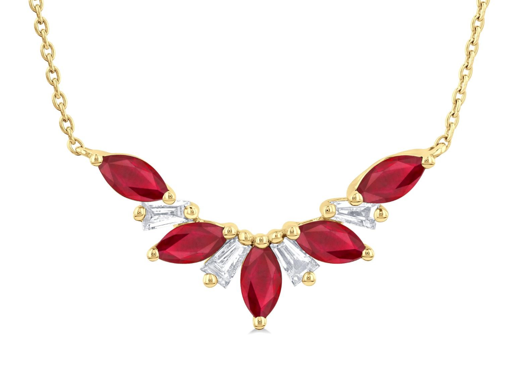 14K YG RUBY MARQUISE & 1/6CTTW DIA BAGUETTE FAN PENDANT NECKLACE Main image
