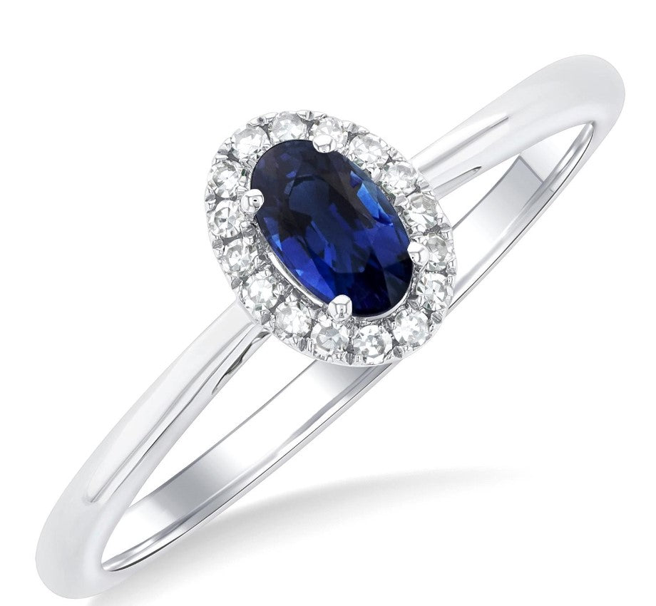 10K WG 5x3mm Oval Sapp & 0.07cttw Dia Halo Fashion Ring