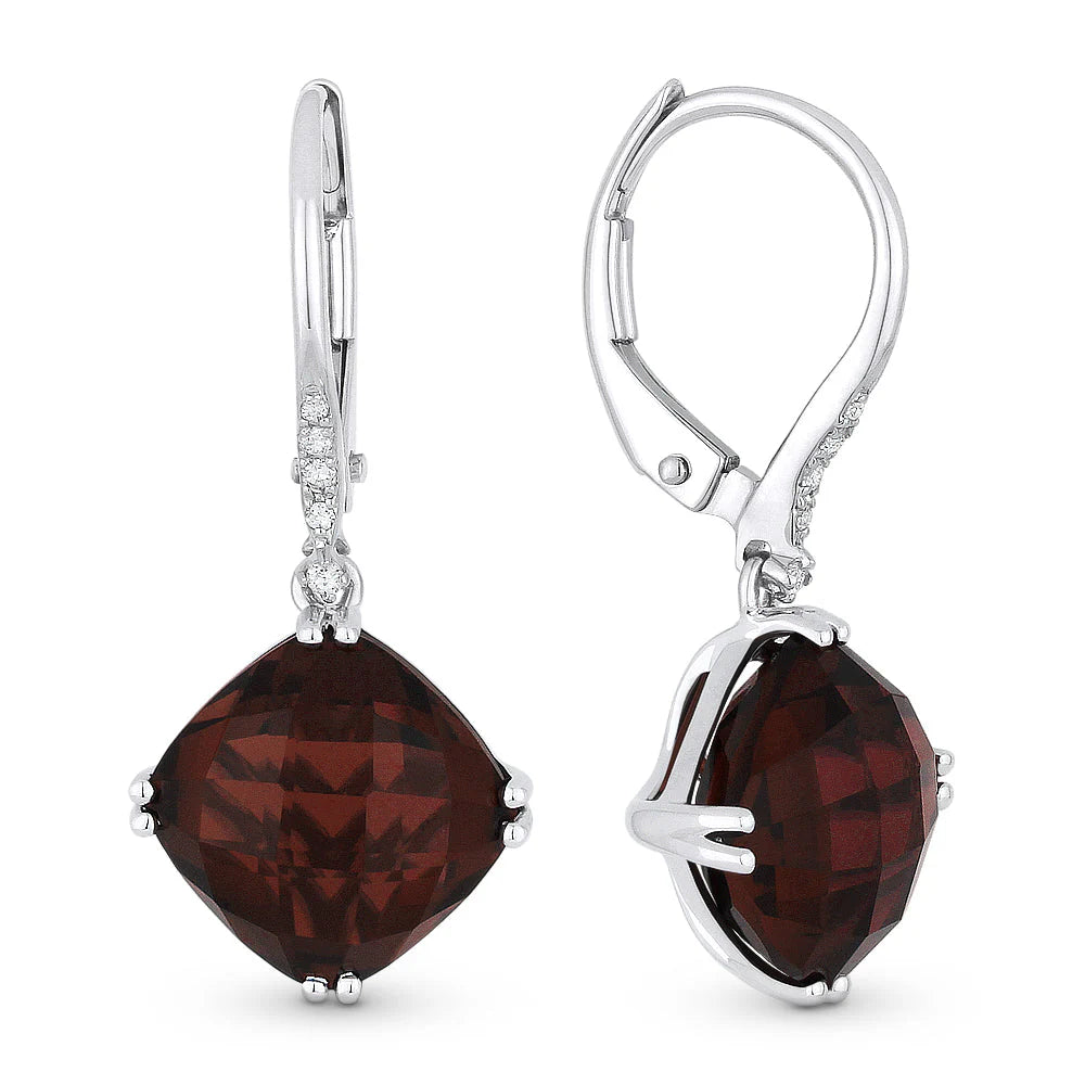 14K WG Cushion Garnet & Diamond Drop Earrings