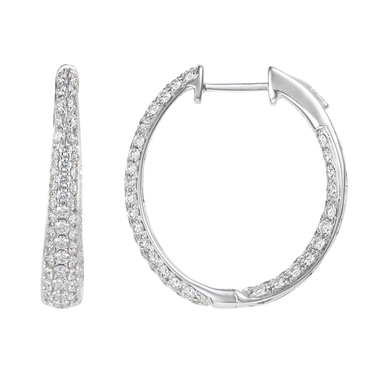 14K White Gold Graduated Pave Diamond Inside Out Hoops