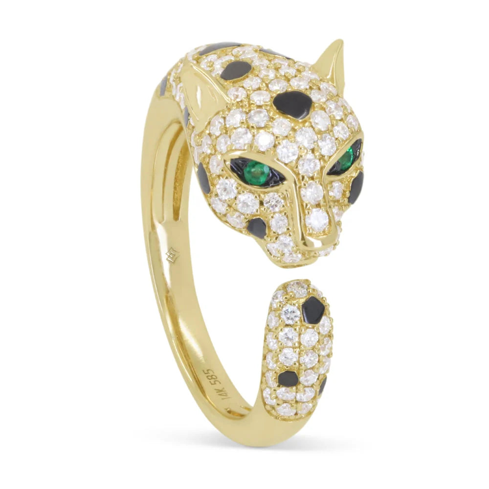 14K YG Diamond Cat Ring with Emerald Eyes
