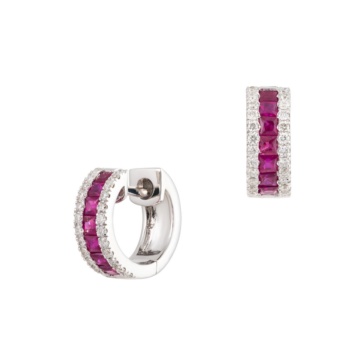 18K White Gold Ruby & Diamond Huggies Main image