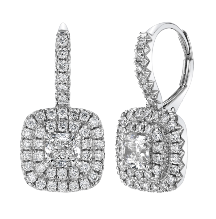 18K White Gold Diamond Cushion Halo Leverback Earrings by Joshua J