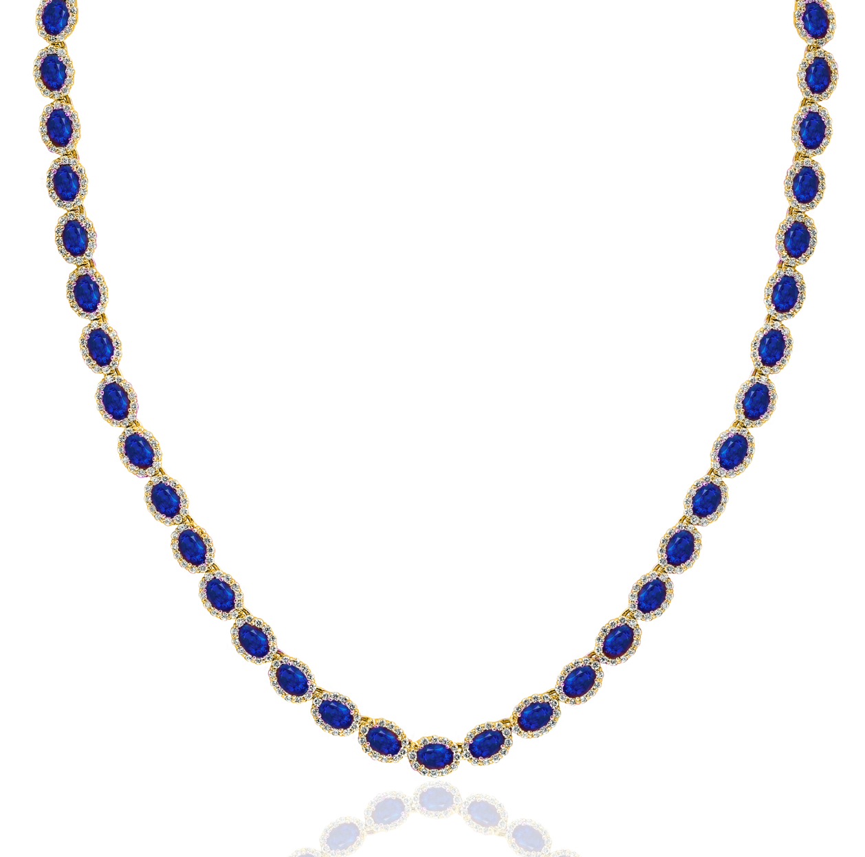 14K Yellow Gold Sapphire & Diamond Halo Tennis Necklace