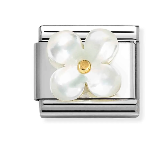 Stainless Steel & 18K Yellow Gold White Mother of Pearl Flower Charm