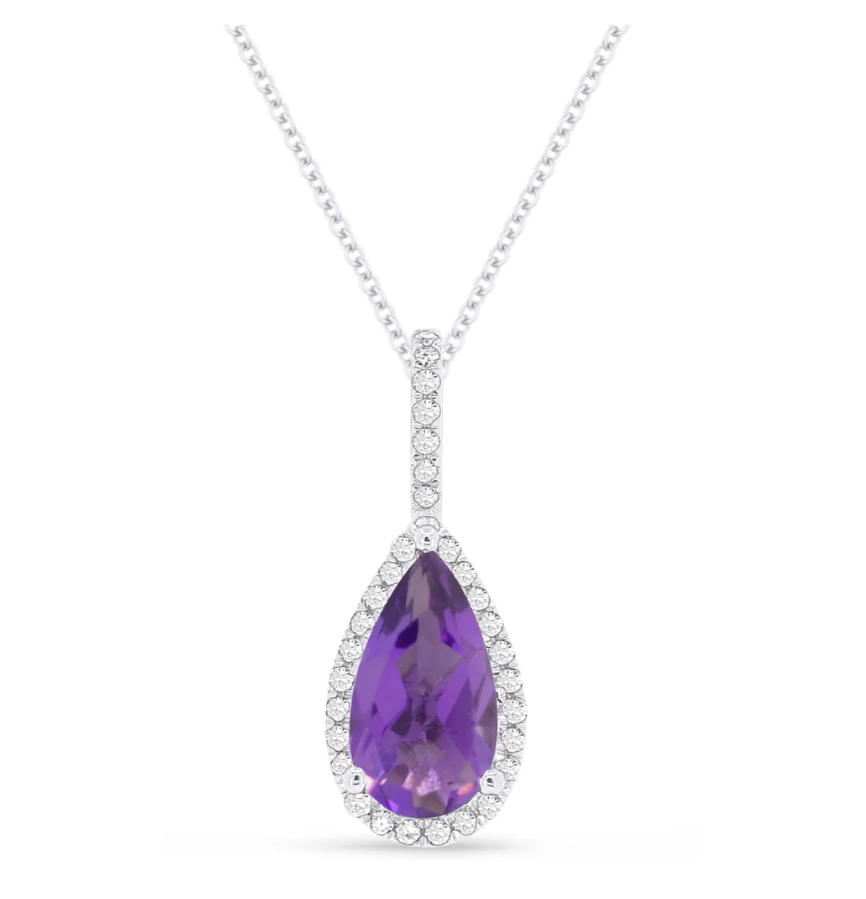 14K WG Pear Shape Amethyst & Diamond Halo Pendant Necklace Main image