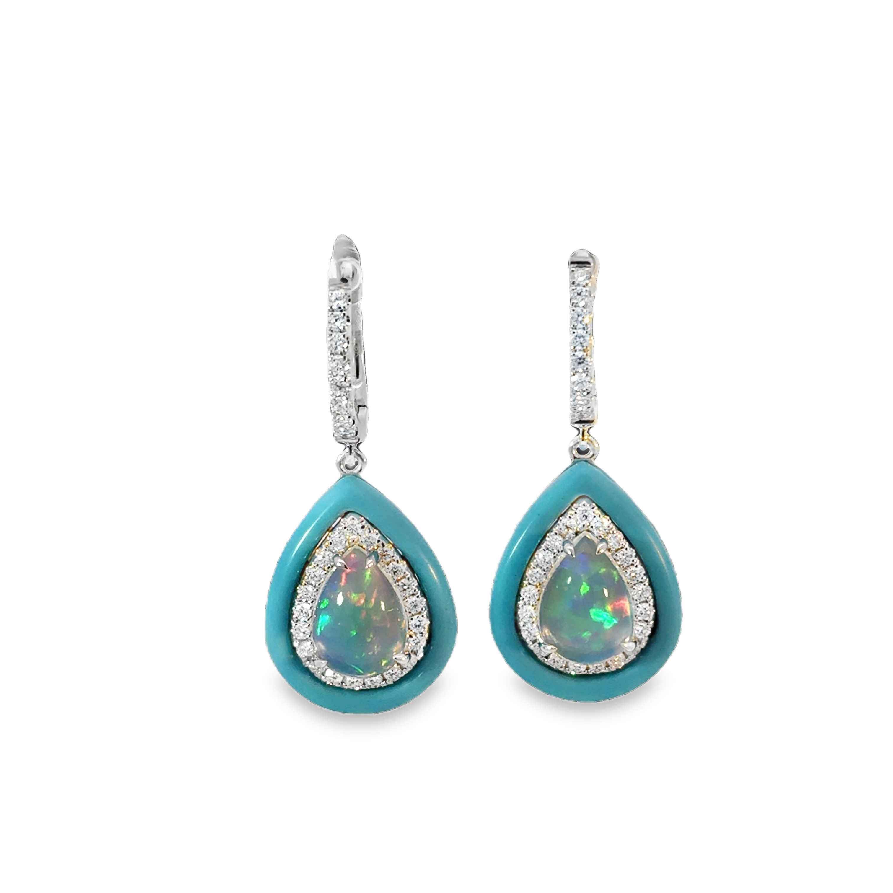 18K WG Pear Opal & Diamond Halo Dangle Earrings w/ Turquoise Color Frame by David Kord Main image