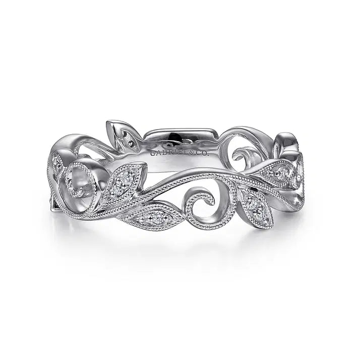 14K WG Diamond Scrolling Floral Stackable Band by Gabriel NY
