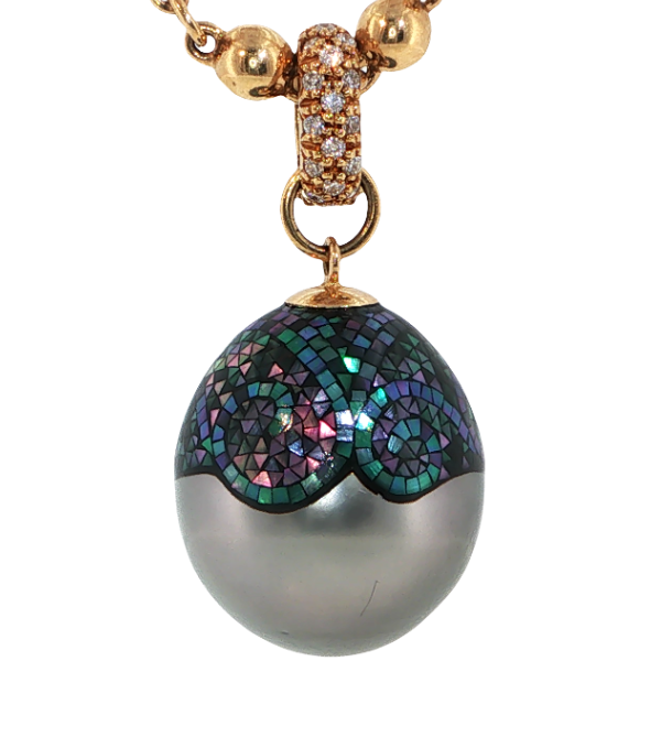 18K Yellow Gold Tahitian Pearl & Abalone Mosaic Inlay Pendant by Erica Courtney Main image