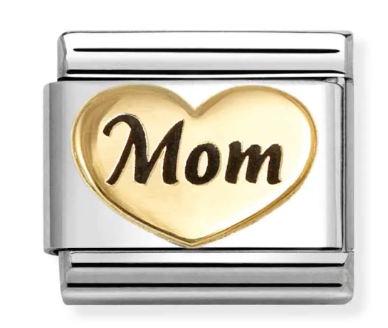 Stainless Steel & 18K Yellow Gold Mom Heart Charm with Black Enamel