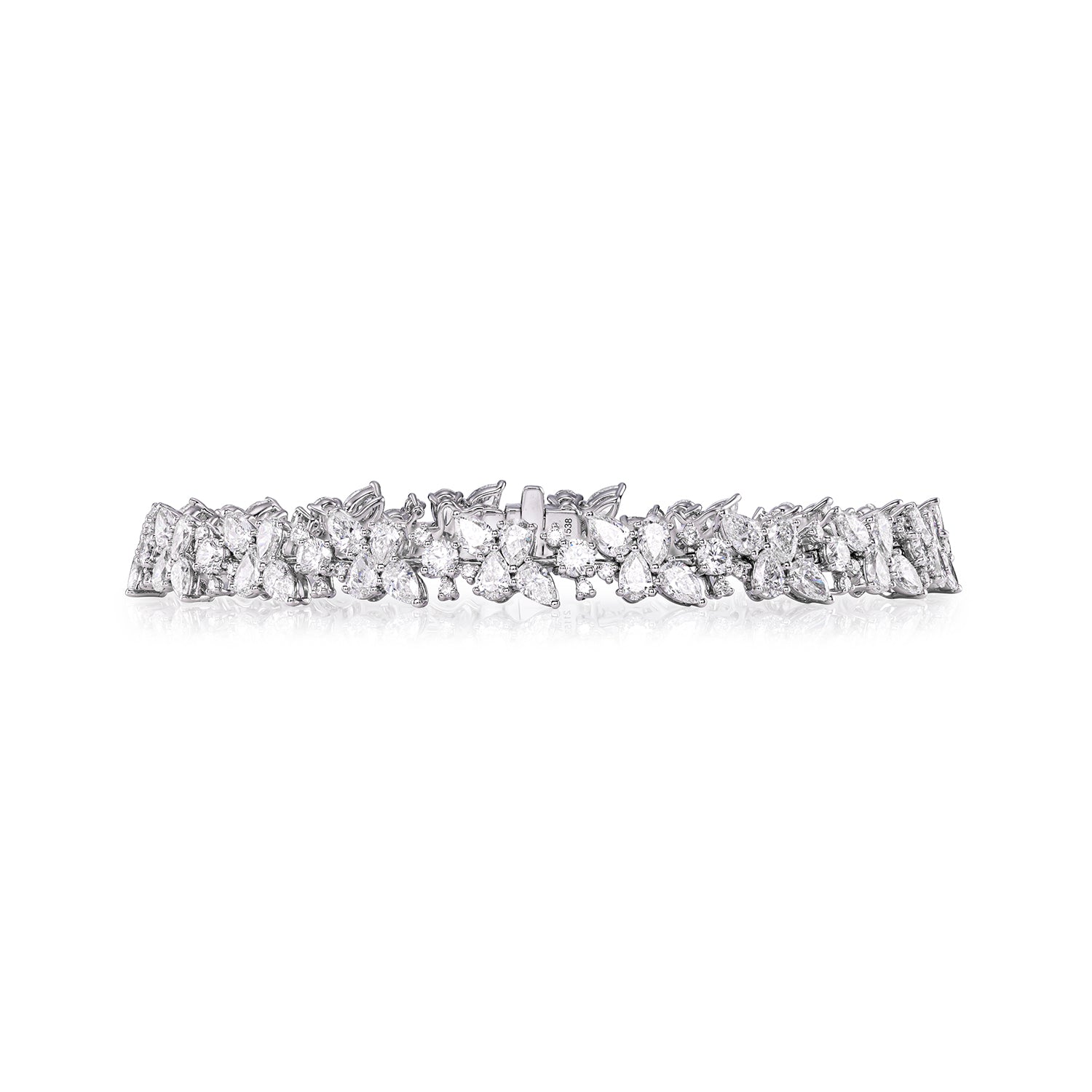 18K White Gold Round & Pear Shape Diamond Cluster Tennis Bracelet