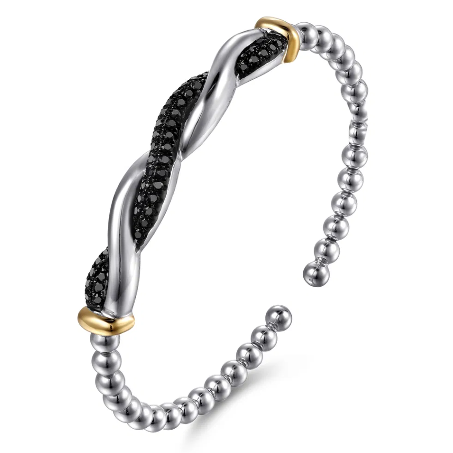 Sterling Silver/14K YG Bujukan Black Spinel Twisted Bangle by Gabriel NY