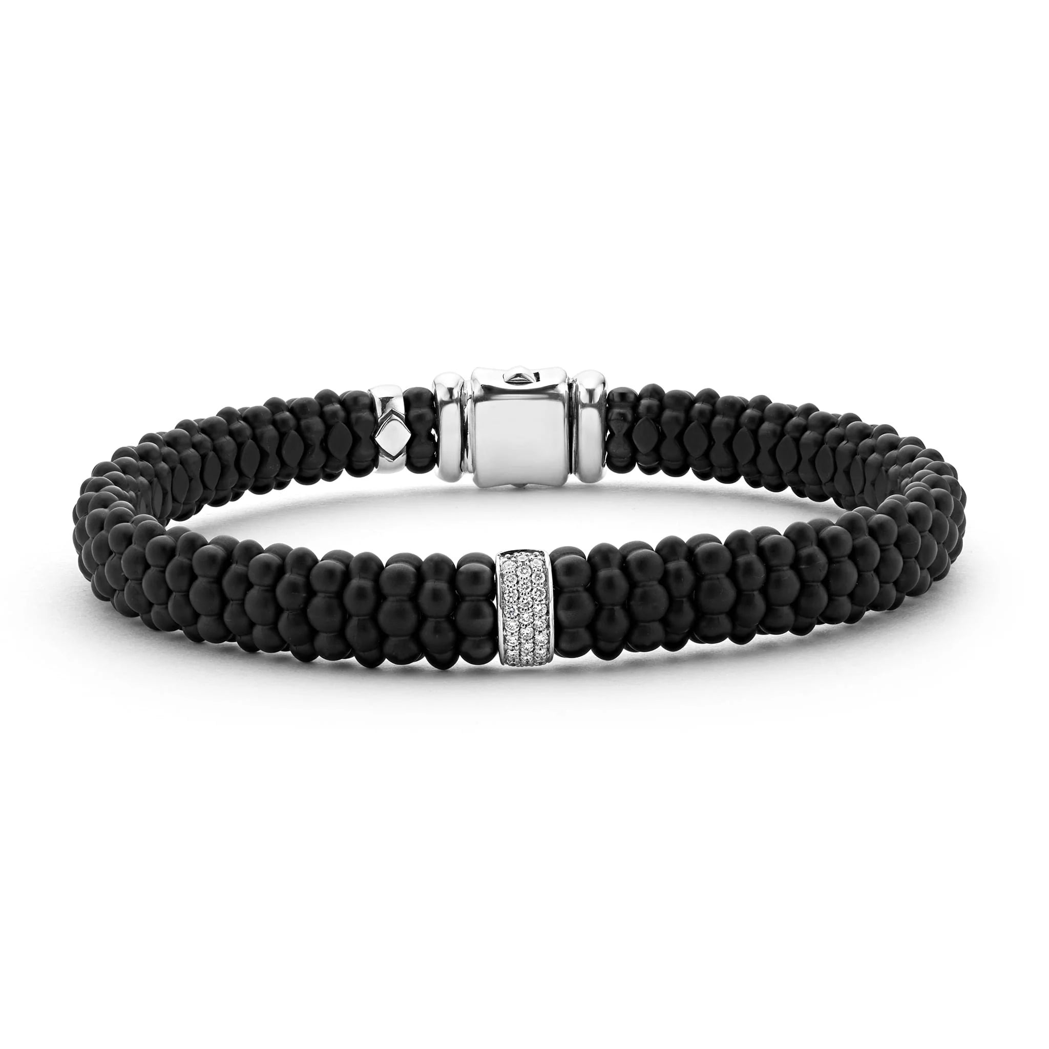 Sterling Silver Matte Black Caviar Single Diamond Station 9mm Bracelet by LAGOS