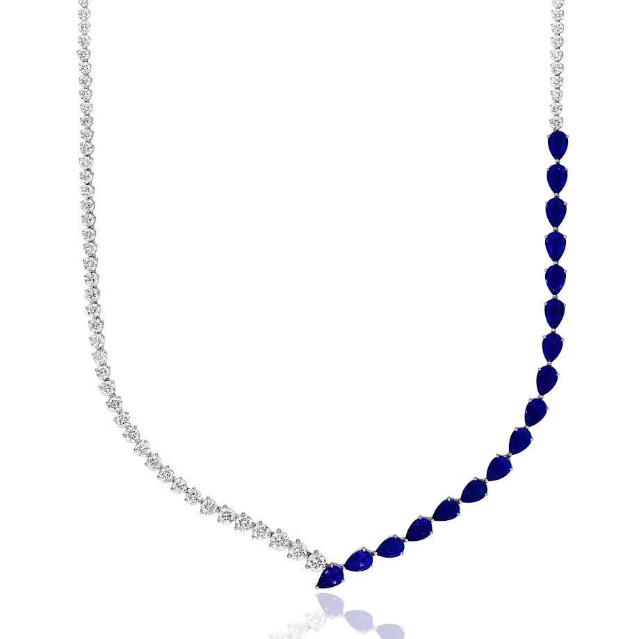 18K WG PS Blue Sapphire & Round Diamond Split Tennis Necklace by David Kord