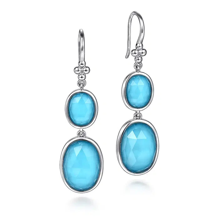 Sterling Silver Rock Crystal and Turquoise Fish Wire Drop Earrings by Gabriel NY Main image