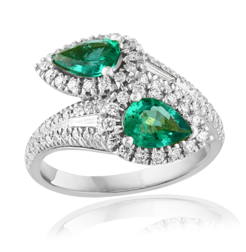 14K White Gold Pear Emerald & Diamond Bypass 2-Stone Ring Secondary image