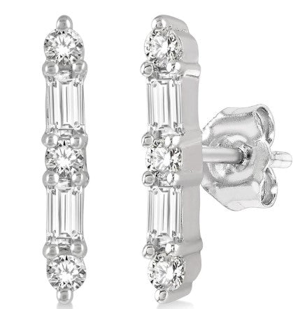 10K WG Baguette Diamond Vertical Bar Stud Earrings