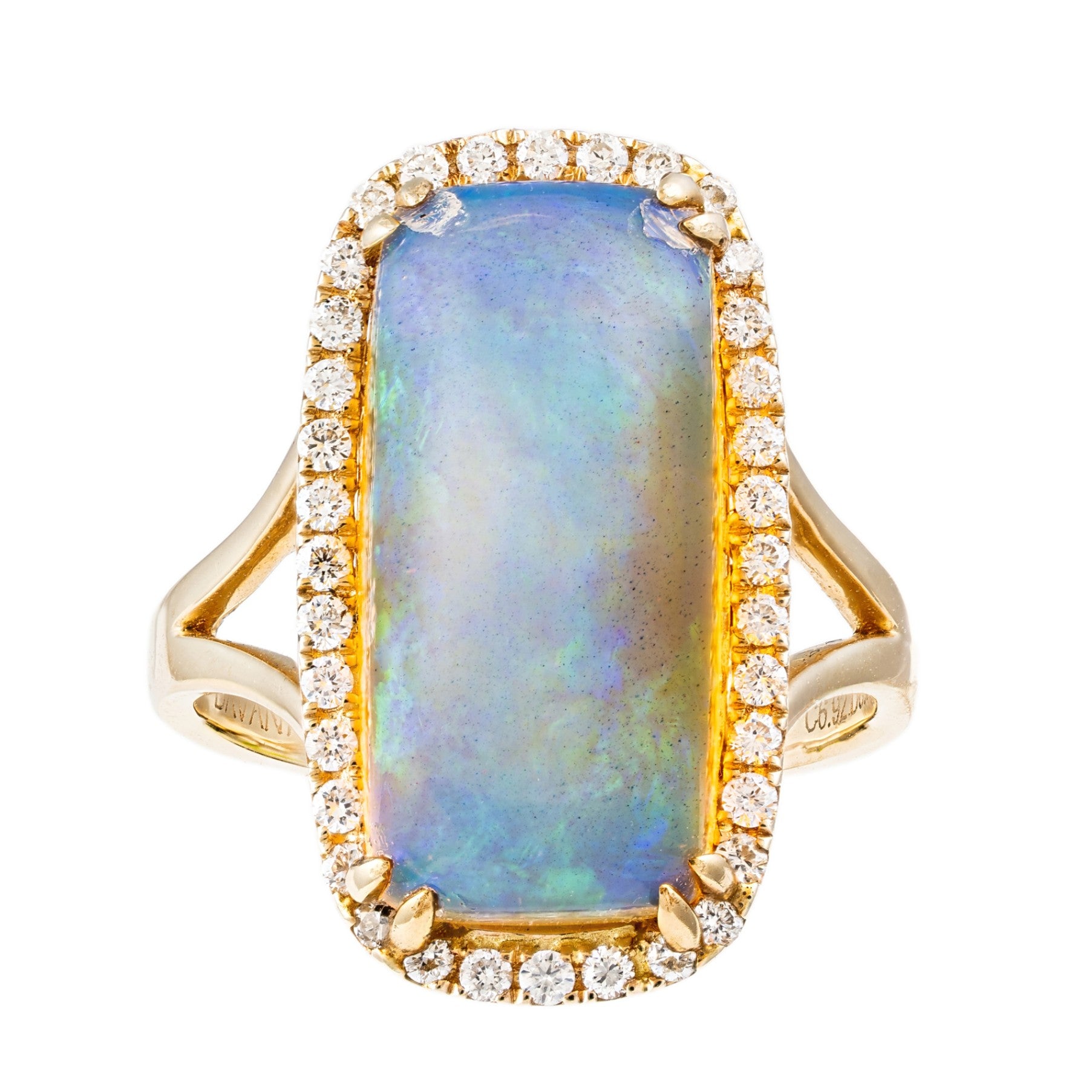 14K YG Cushion Opal & Diamond Halo Split Shank Ring by David Kord