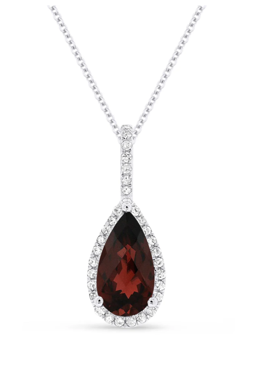 14K WG Pear Shaped Garnet & Diamond Halo Pendant