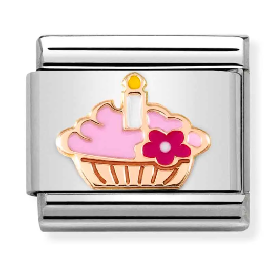 Stainless Steel & 9K Rose gold Cupcake Charm with Enamel