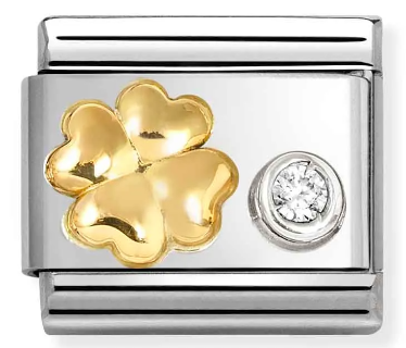 Stainless Steel & 18K Yellow Gold 4-Leaf Clover Charm with CZ Accent