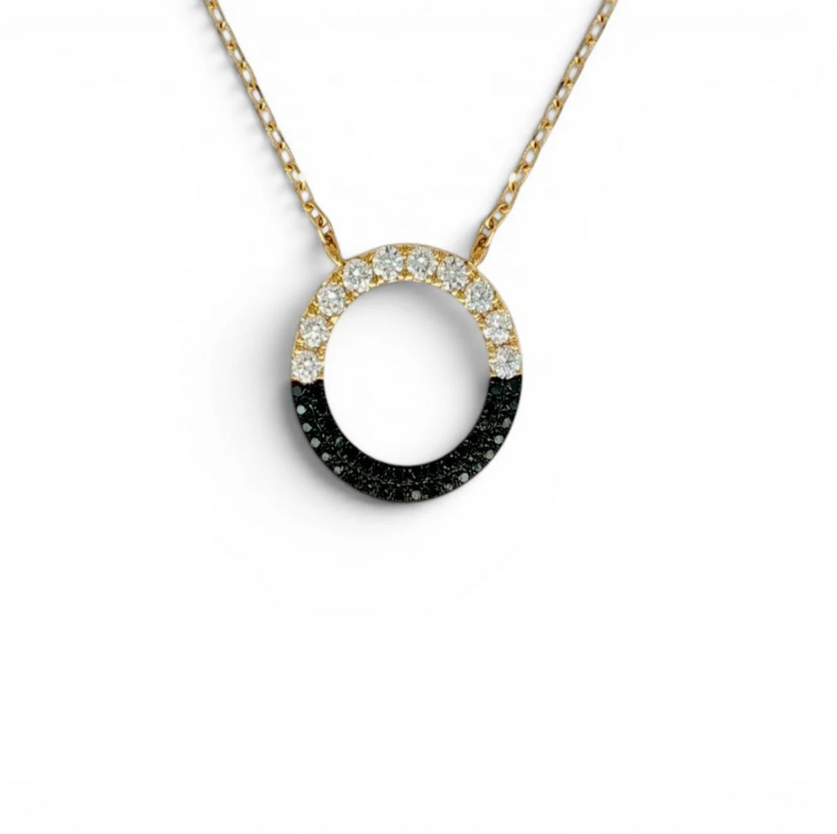 14K Yellow Gold Black & White Diamond Open Circle Pendant Necklace