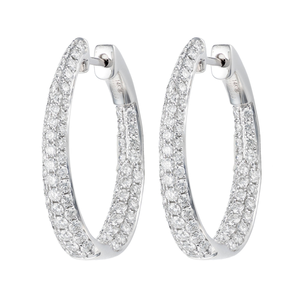 14K White Gold Graduated Pave Diamond Inside Out Hoops