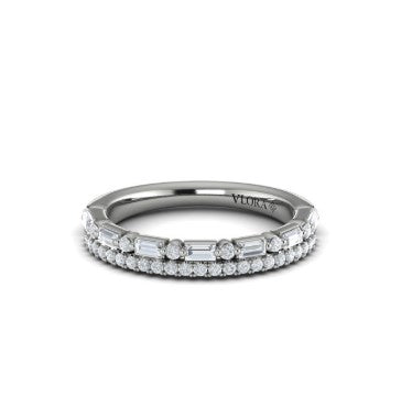 14K WG Baguette & Round Alt. & Straight Line Stackable Diamond Band by VLORA