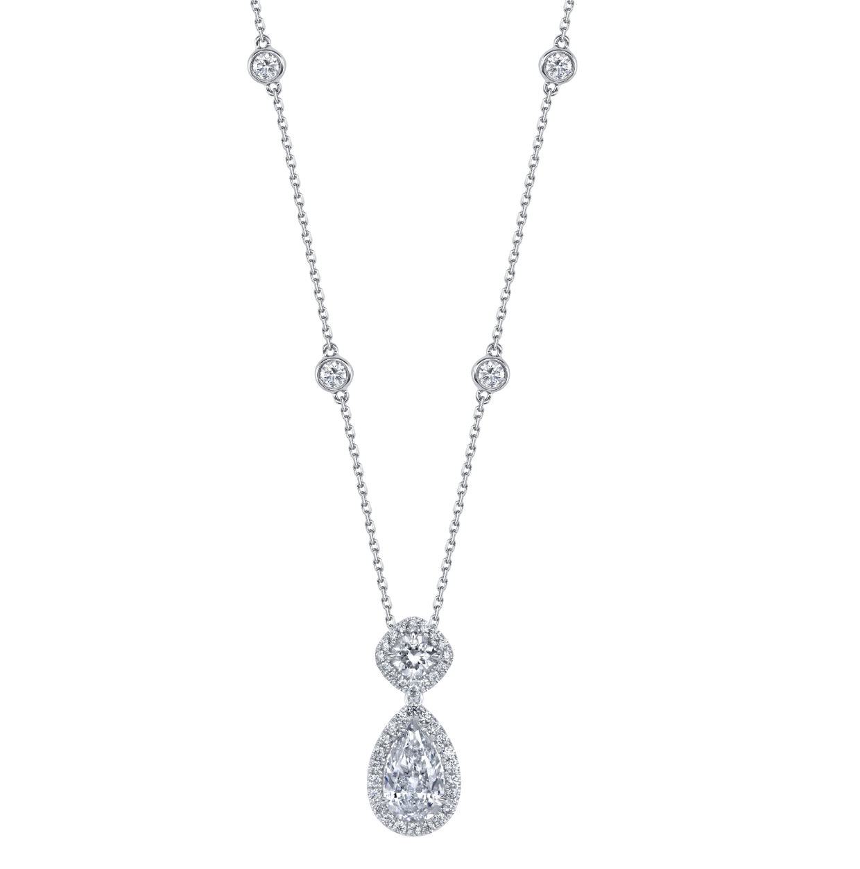 18K White Gold Diamond Round & Pear Drop Pendant with Micro Pave Halo Necklace by Joshua J