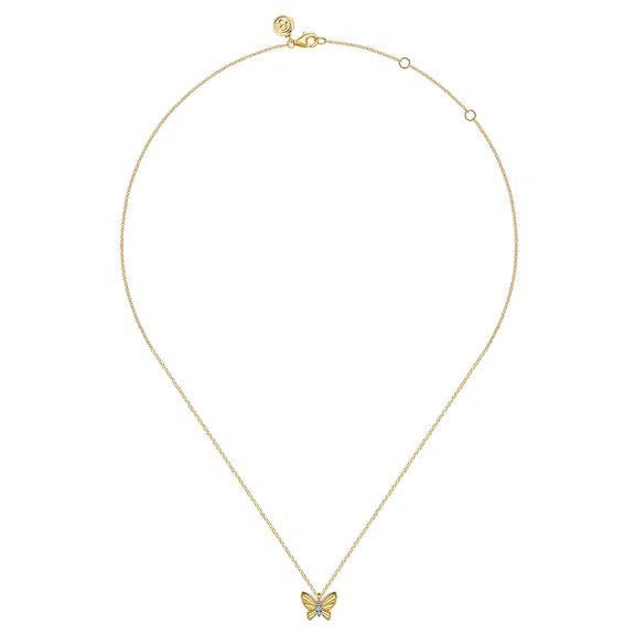 14K YG Butterfly Necklace with D/C Finish & Graduating Diamonds by Gabriel NY