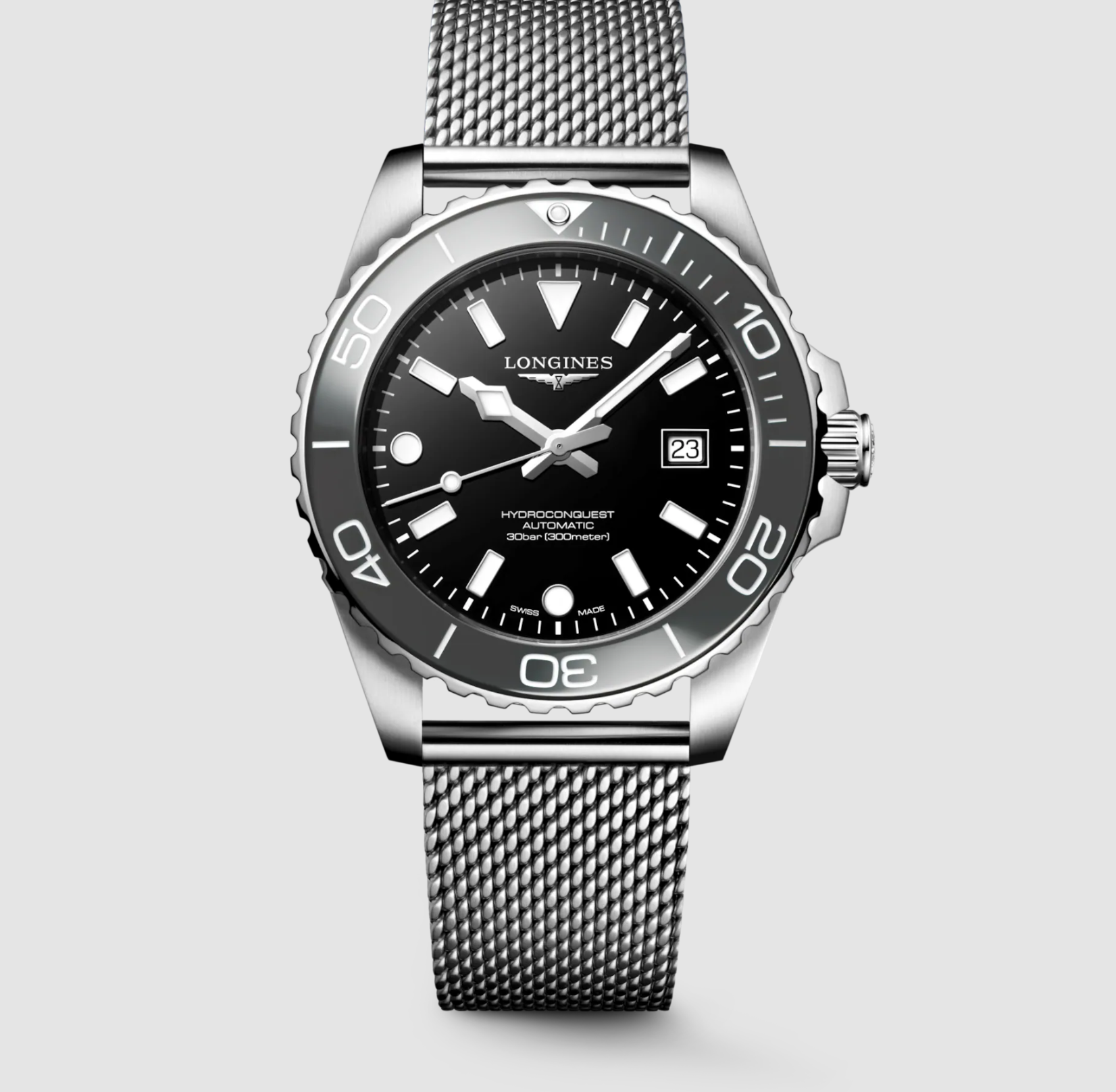 Longines HydroConquest 42mm Watch with Black Lacquer Dial & Mesh Bracelet