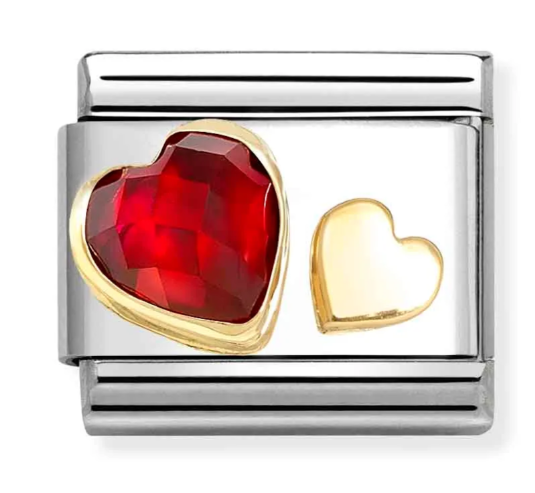Stainless Steel & 18K Yellow Gold Faceted Red CZ Hearts Charm