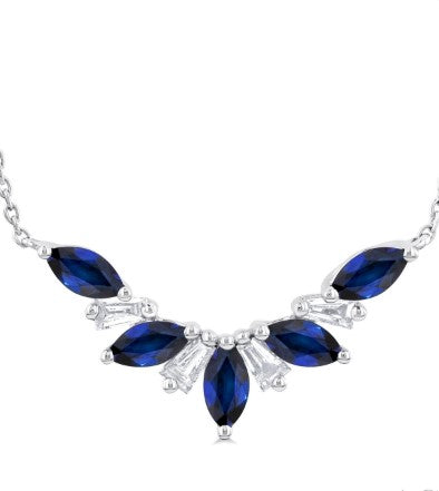 14K WG Sapphire Marquise & Diamond Baguette Fan Pendant Necklace Main image