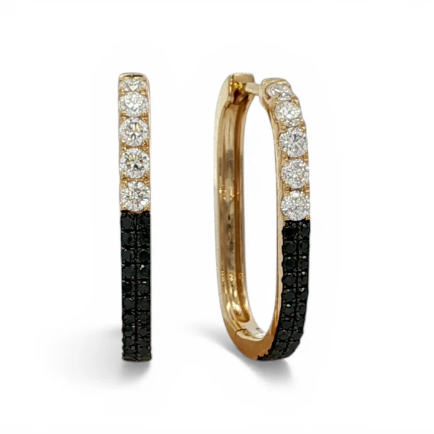 14K YG Black & White Diamond Oval Hoop Earrings
