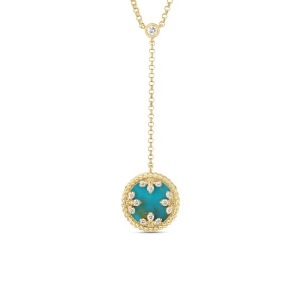 18K YG VENETIAN MEDALLIONS SMALL DIAMOND & TURQUOISE DANGLE NECKLACE BY ROBERTO COIN
