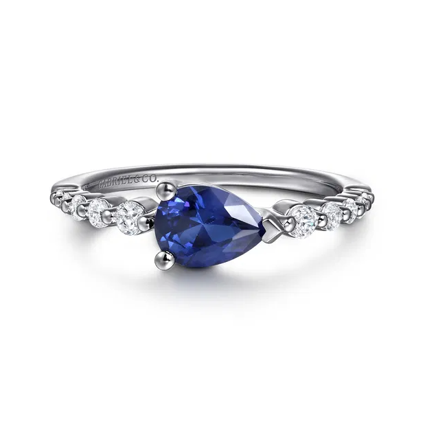14K White Gold Pear Shape Sapphire & Graduated Diamond Band by Gabriel NY Secondary image