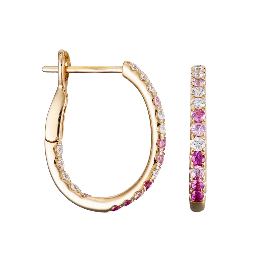14K Yellow Gold Ombre Pink Sapphire & Diamond Inside Out Hoops by David Kord