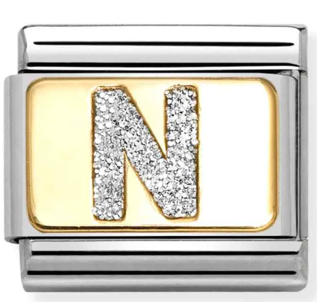Stainless Steel & 18K Yellow Gold Glitter Letter N Initial Charm