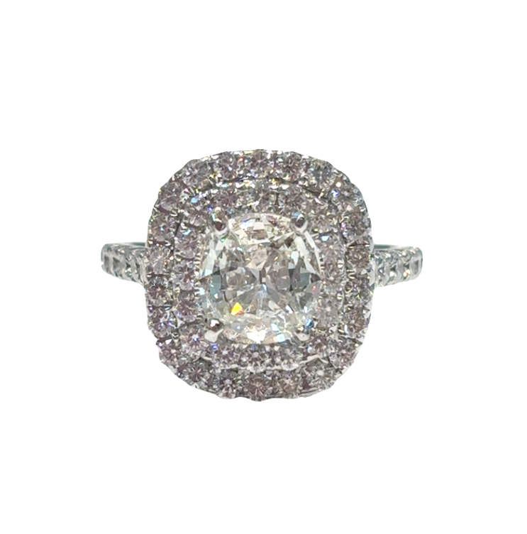 14K White Gold Cushion Diamond Double Halo Engagement Ring *Estate Item Sold as is, Final Sale*