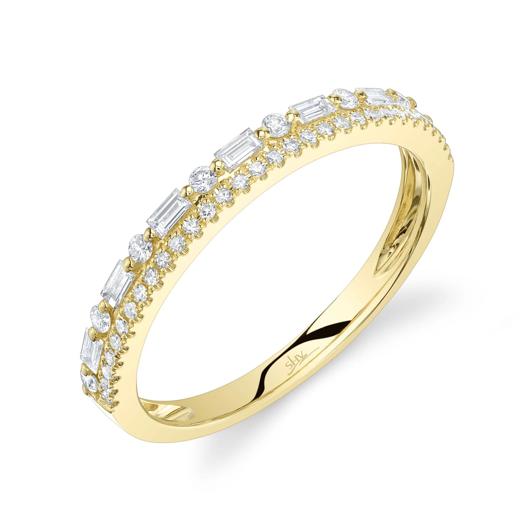 14K YG 3/10cttw Diamond Baguette & Round Stackable Band