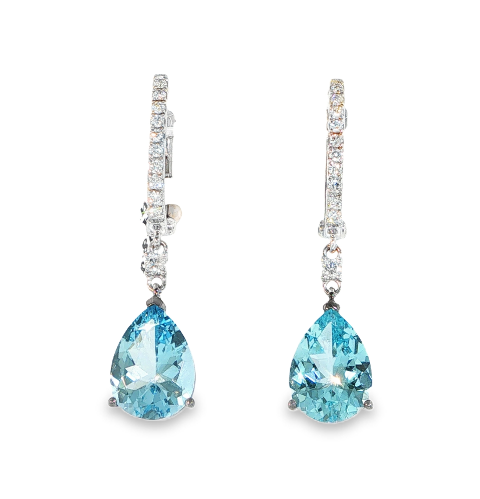 18K White Gold Pear Shape Aquamarine & Diamond Drop Huggies Main image