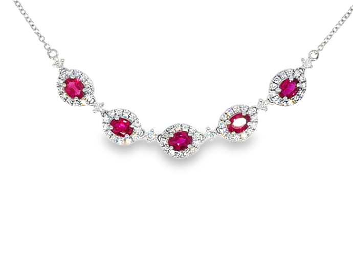 14K White Gold Oval Ruby & Diamond Halo 5-Station Mini Necklace by David Kord Main image