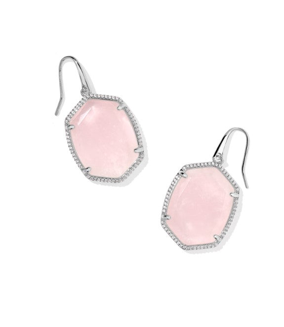 Daphne Rhodium Plated Pave Drop Frame Earrings in Rose Quartz by Kendra Scott
