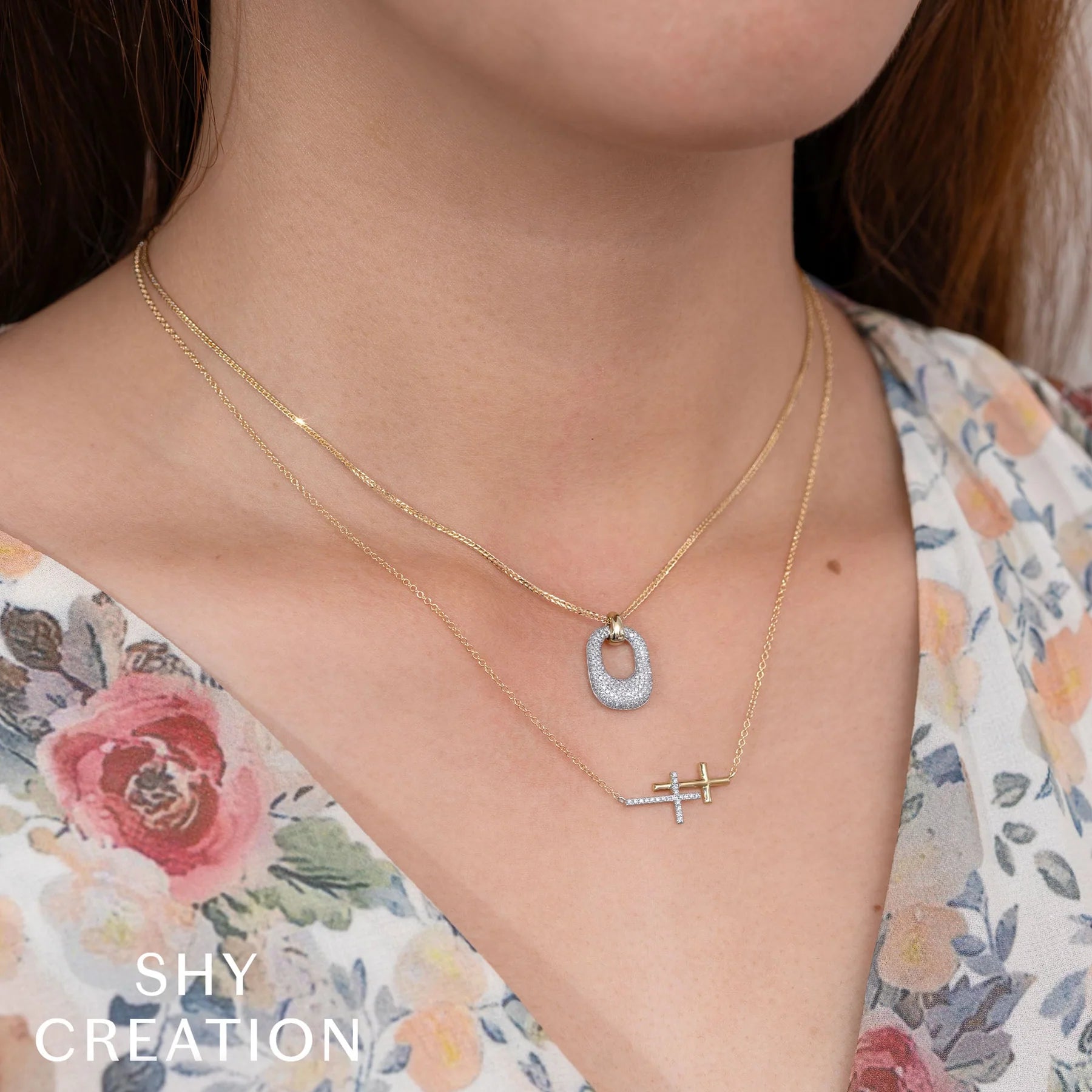 14K Two-Tone Diamond Sideways Stacked Cross Pendant Necklace