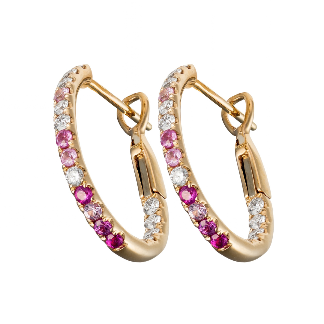 14K Yellow Gold Ombre Pink Sapphire & Diamond Inside Out Hoops by David Kord