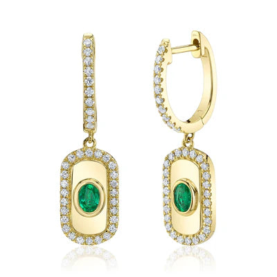 14K YG Oval Emerald & Diamond Halo Dog Tag Drop Earrings