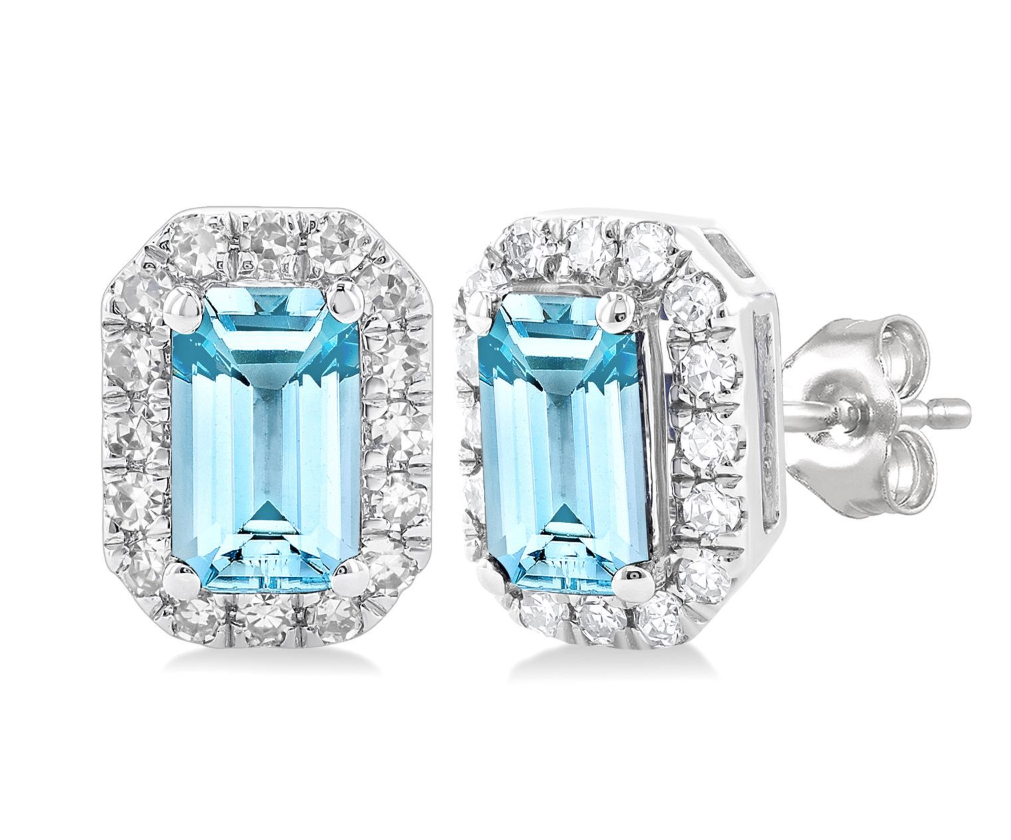 10K WG 5X3 AQUAMARINE 1/8CTTW DIA HALO STUDS